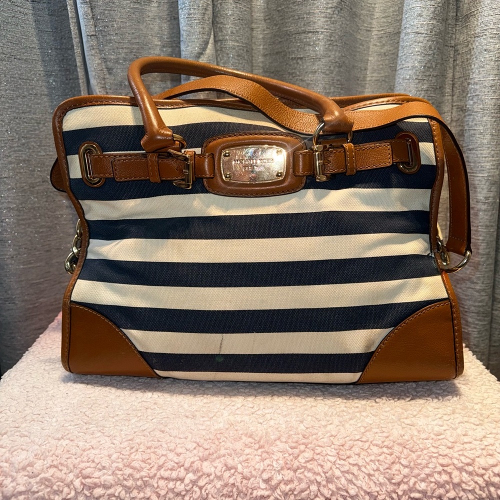 Michael Kors Navy and Cream Striped Satchel